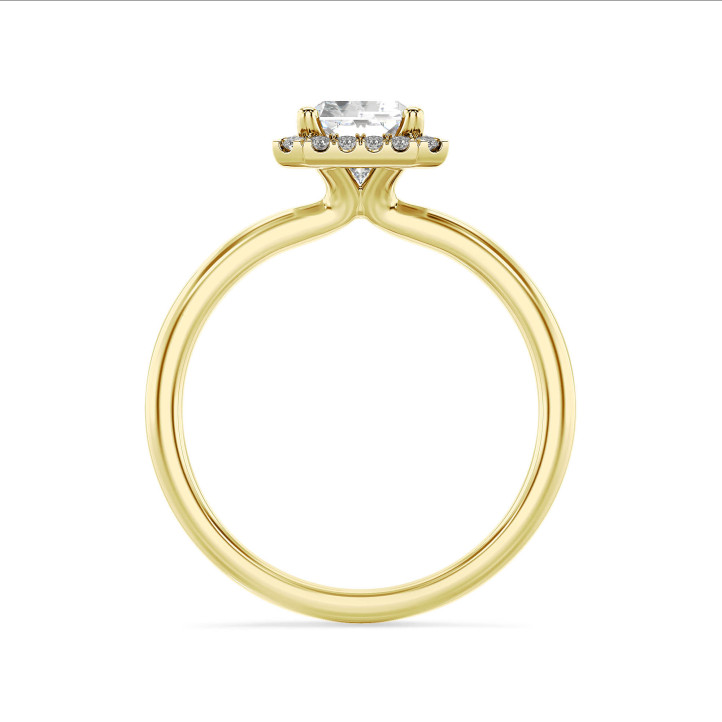 1.20 karaat halo solitaire ring met een lab grown radiant cut diamant in geel goud en ronde lab grown diamanten
