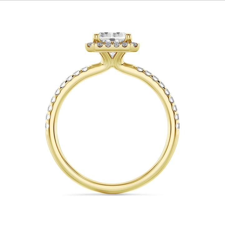 2.00 karaat halo solitaire ring met een lab grown radiant cut diamant in geel goud en ronde lab grown diamanten