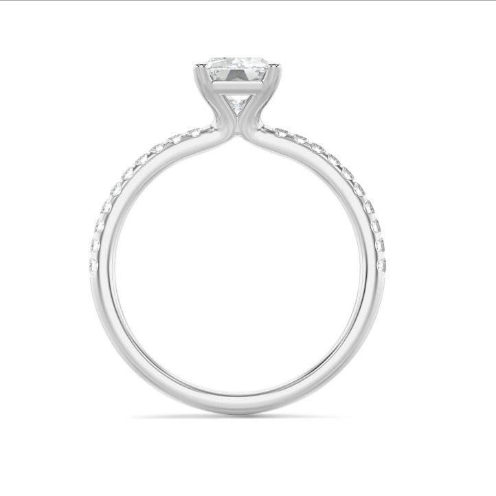 1.50 karaat solitaire ring met een lab grown radiant cut diamant in wit goud en lab grown zijdiamanten