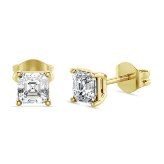 2.00 karaat solitaire oorbellen in geel goud met lab grown asscher cut diamanten