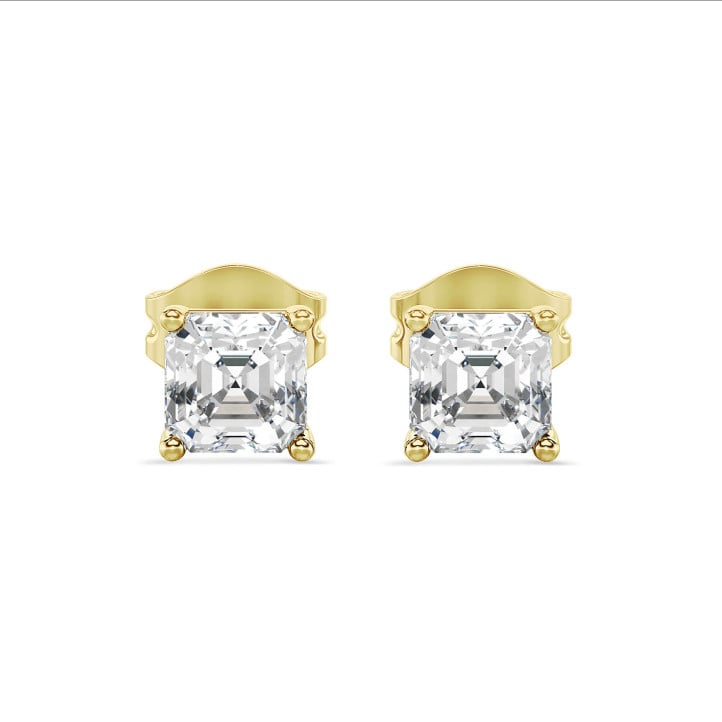 2.00 karaat solitaire oorbellen in geel goud met asscher cut diamanten