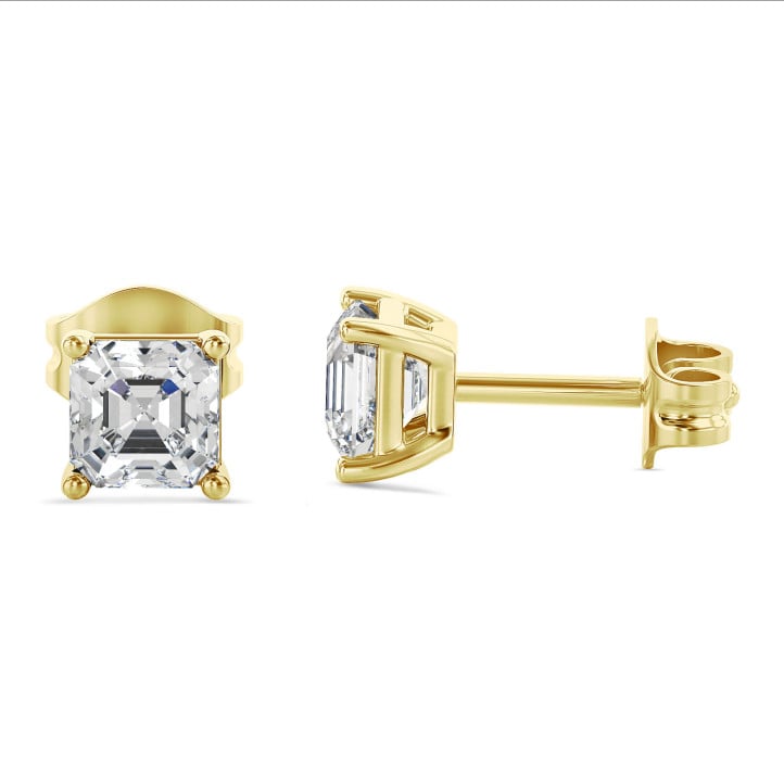 2.00 karaat solitaire oorbellen in geel goud met asscher cut diamanten
