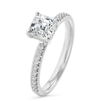 1.20 karaat solitaire ring met een lab grown asscher cut diamant en hidden halo in wit goud