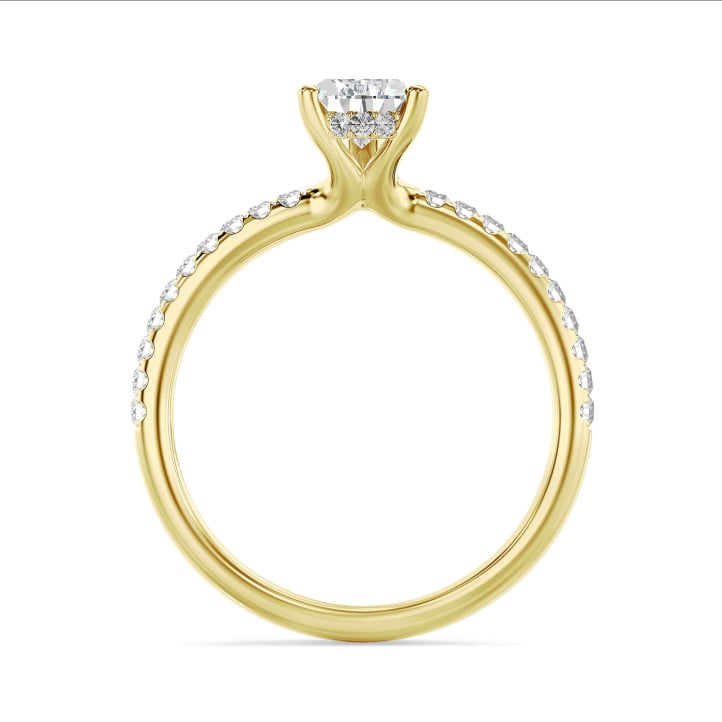 1.00 karaat solitaire ring met peervormige lab grown diamant en hidden halo in geel goud