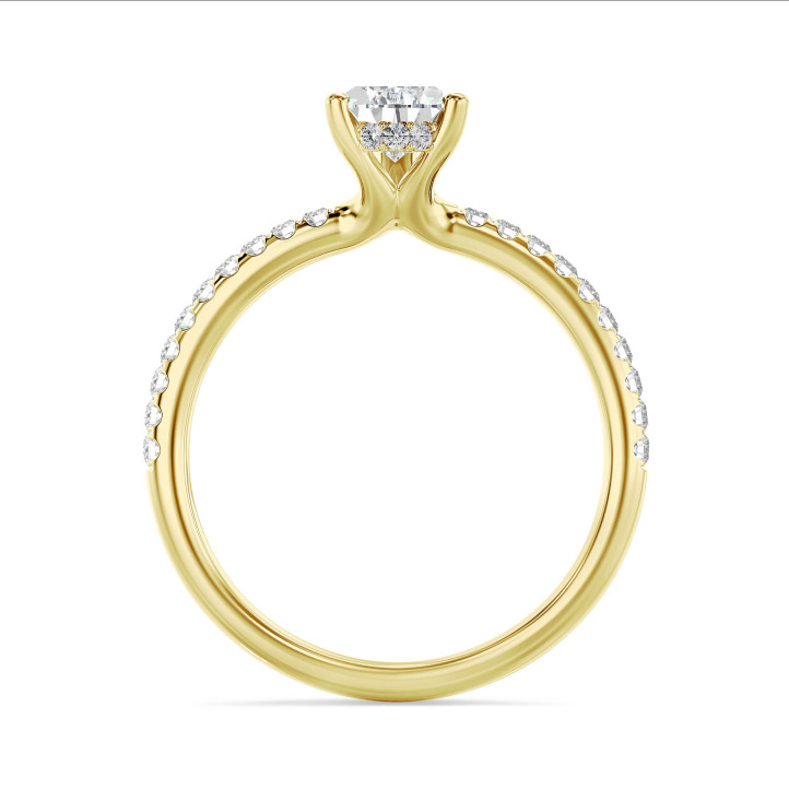 5.00 karaat solitaire ring met peervormige lab grown diamant en hidden halo in geel goud