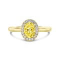1.00 karaat halo solitaire ring in geel goud met gele ovale diamant en ronde diamanten