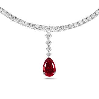 One of a kind 34.90 karaat lab grown diamanten dégradé halsketting in wit goud met een Fancy Vivid rode peervormige lab grown diamant
