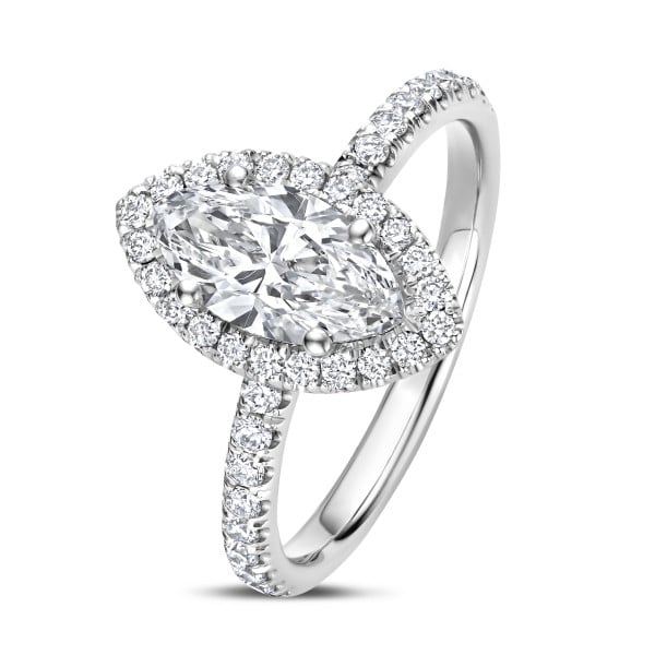 2.00 karaat halo solitaire ring met Marquise lab grown diamant in wit goud met ronde lab grown diamanten