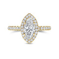 2.50 karaat halo solitaire ring met Marquise lab grown diamant in geel goud met ronde lab grown diamanten