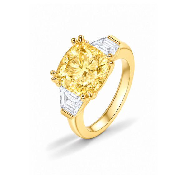 Op maat gemaakte trilogie-ring met een gele diamant in cushion cut