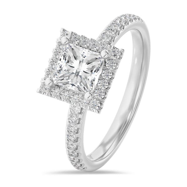 Nişan yüzükleri - 3.00 karat prenses pırlantalı tektaş halo yüzük, beyaz altın, yuvarlak pırlantalı