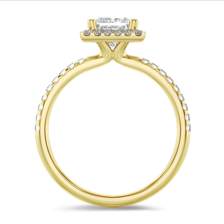 1.50 karat tektaş halo yüzük, prenses pırlanta ve yuvarlak pırlantalı sarı altın