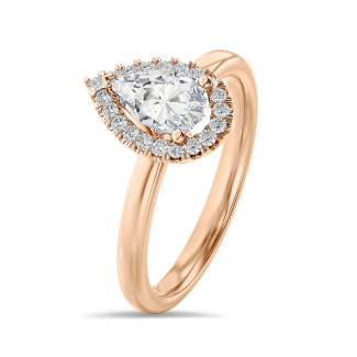 3.00 karat armut pırlantalı tektaş halo yüzük, kırmızı altın, yuvarlak pırlantalı