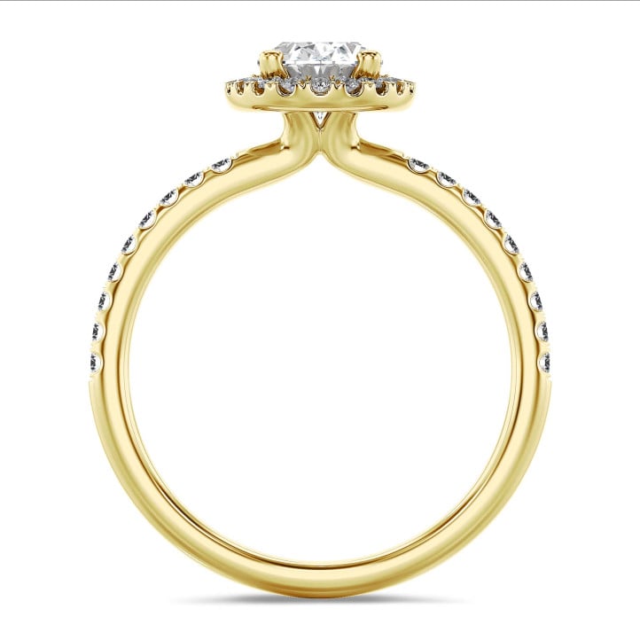 1.20 karat oval pırlantalı tektaş halo yüzük, yuvarlak pırlantalı sarı altın