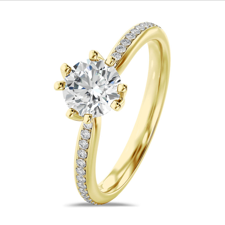 1.00 karat tektaş pırlanta yüzük, yuvarlak pırlantalı sarı altın (tam set)