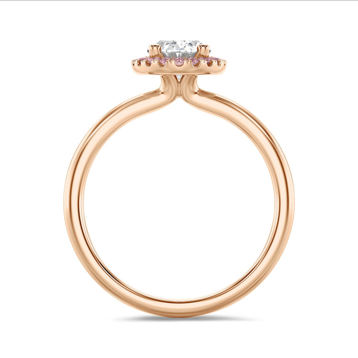 1.50 karat oval pırlantalı tektaş halo yüzük, yuvarlak pembe pırlantalı kırmızı altın