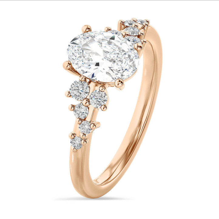 1.00 karat oval pırlantalı kırmızı altın tektaş küme yüzük