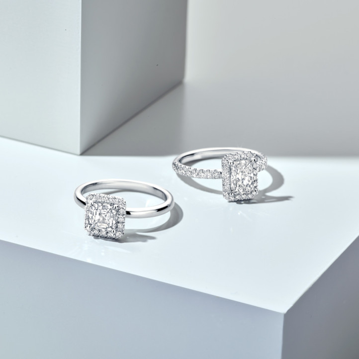 3.00 karat tektaş halo yüzük, beyaz altın, asscher kesim pırlanta ve yuvarlak pırlanta